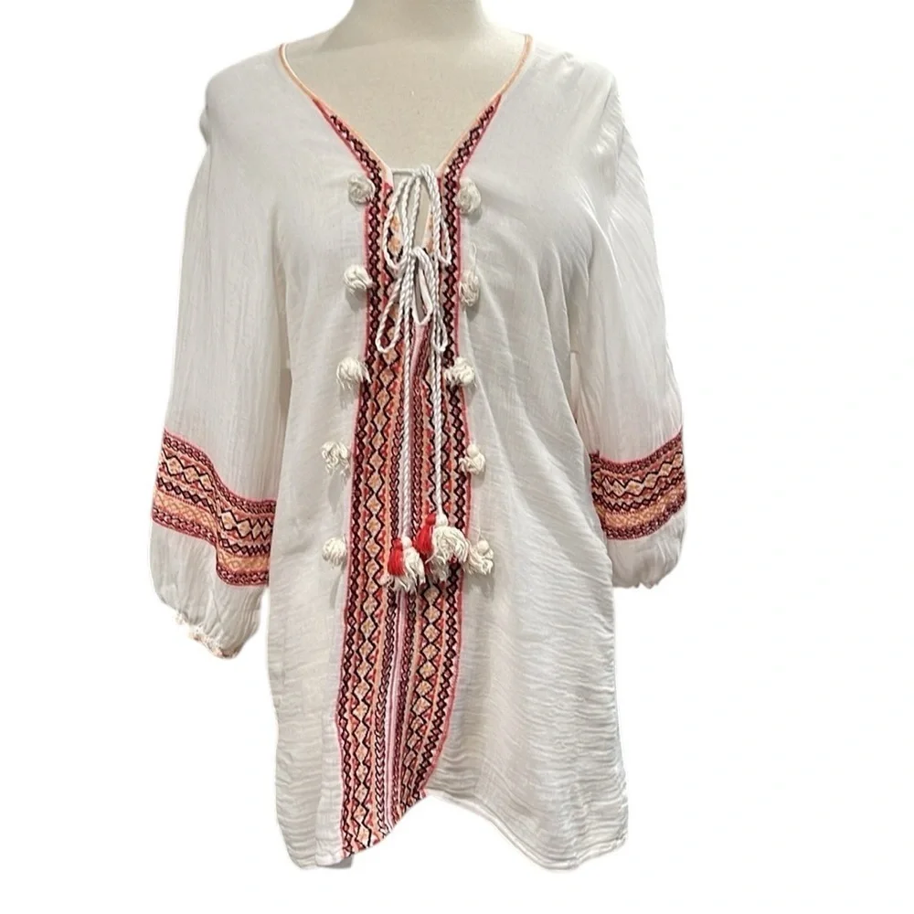 Cool Change Boho  Embroidered Gauze Swim Coverup SZ L White Orange